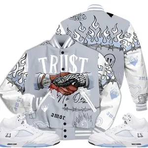 Retro White Metallic 5s Outfits Varsity Jacket, Trust No One Graphic Streetwear Sneaker Color Match Shirts