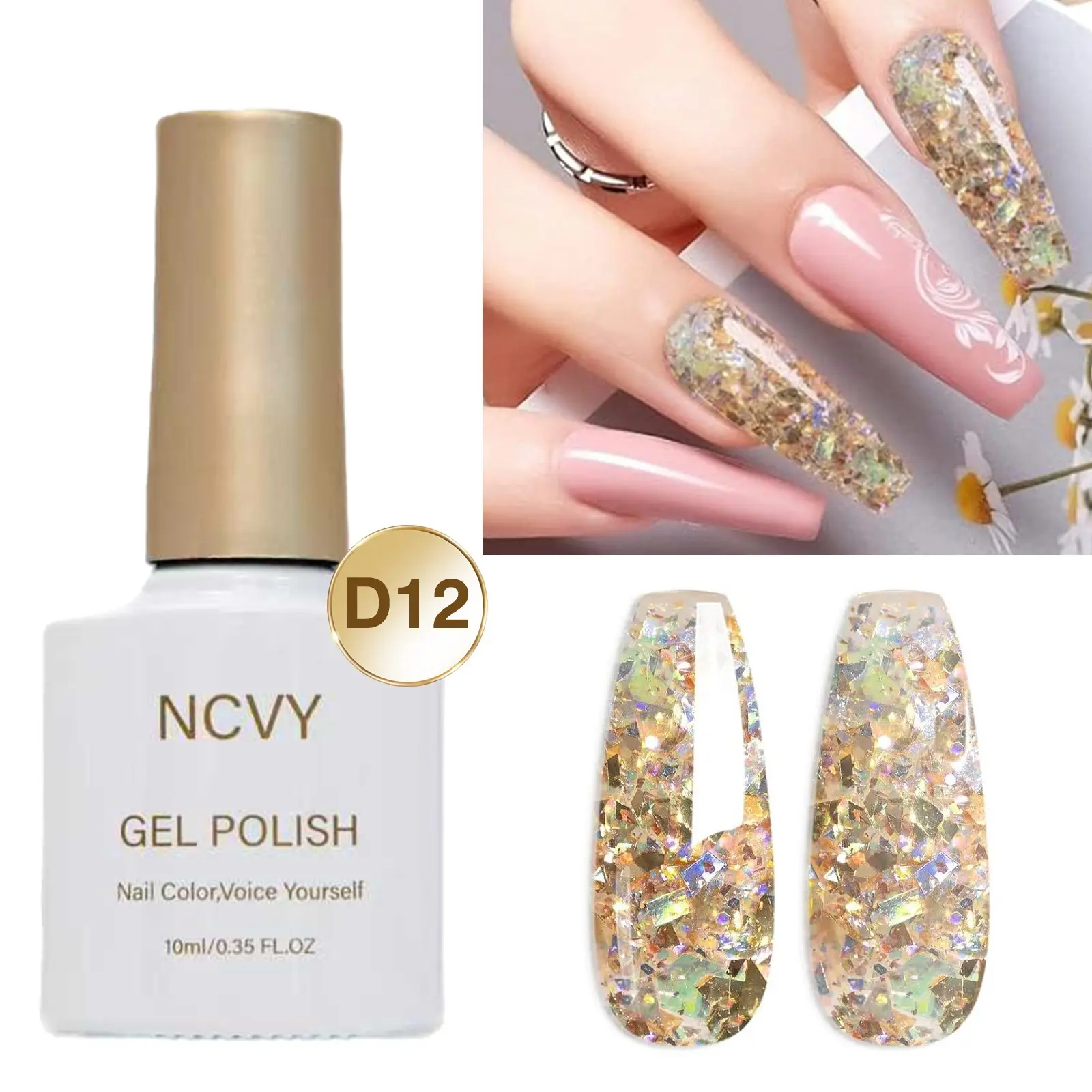 NCVY Rainbow Glitter Gel Nail Polish, 10ml/0.35oz Nail Polish. Long-lasting, Durable, removable UV/LED gel polish with rich, vibrant color. Easy for beginners to use, perfect for DIY nail art at home. An ideal gift for spring and summer. HEMA-Free.