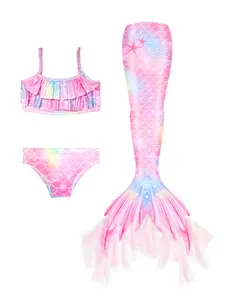 Girls Mermaid Swimsuit Set, Three-Piece Mermaid Tail Princess Swimwear, Side Zipper Bikini, Birthday Gift, No Fins, Swimwear Sets