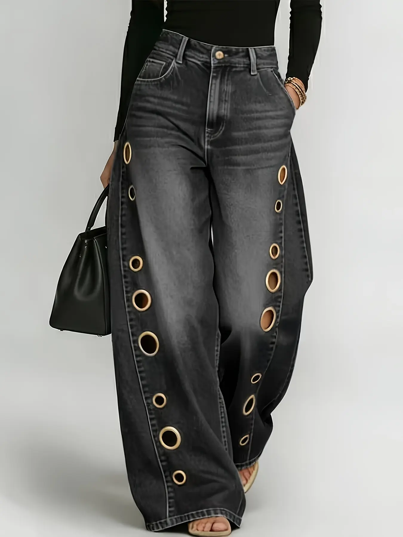 New Retro Style Denim Jeans for Women, with Metal Eyelets Designed for Casual And Loose Fit, High Waisted And Wide Leg Jeans, Street Cool Women's Clothing, Black Retro Blue Light Blue Women's Straight Leg Denim Pants