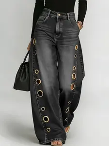 New Retro Style Denim Jeans for Women, with Metal Eyelets Designed for Casual And Loose Fit, High Waisted And Wide Leg Jeans, Street Cool Women's Clothing, Black Retro Blue Light Blue Women's Straight Leg Denim Pants