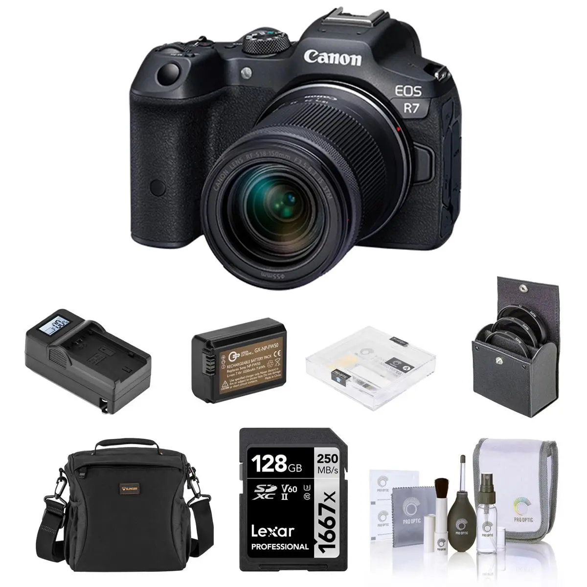 Canon EOS R7 Handheld Electronic Digital Mirrorless Camera with RF-S 18-150mm f/3.5-6.3 Lens, CMOS Sensor, Image Stabilizer, Bundle w/Extra Battery, Smart Charger, 128GB Memory Card, Shoulder Bag, 55mm Filter Kit, Screen Protector, Cleaning Kit