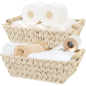 2-Pack Wicker Storage Baskets, Storage Baskets for Shelves, Trapezoid Wicker Baskets with Handles,  Woven Baskets for Organizing, Butter Milk