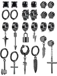 24 Pieces Stainless Steel Fake Earrings Clip-on Earrings for Men Cross Pendant Hoop Earrings Non-Piercing Huggie Hoop Earrings Black Earrings for Men and Women High Quality Earrings