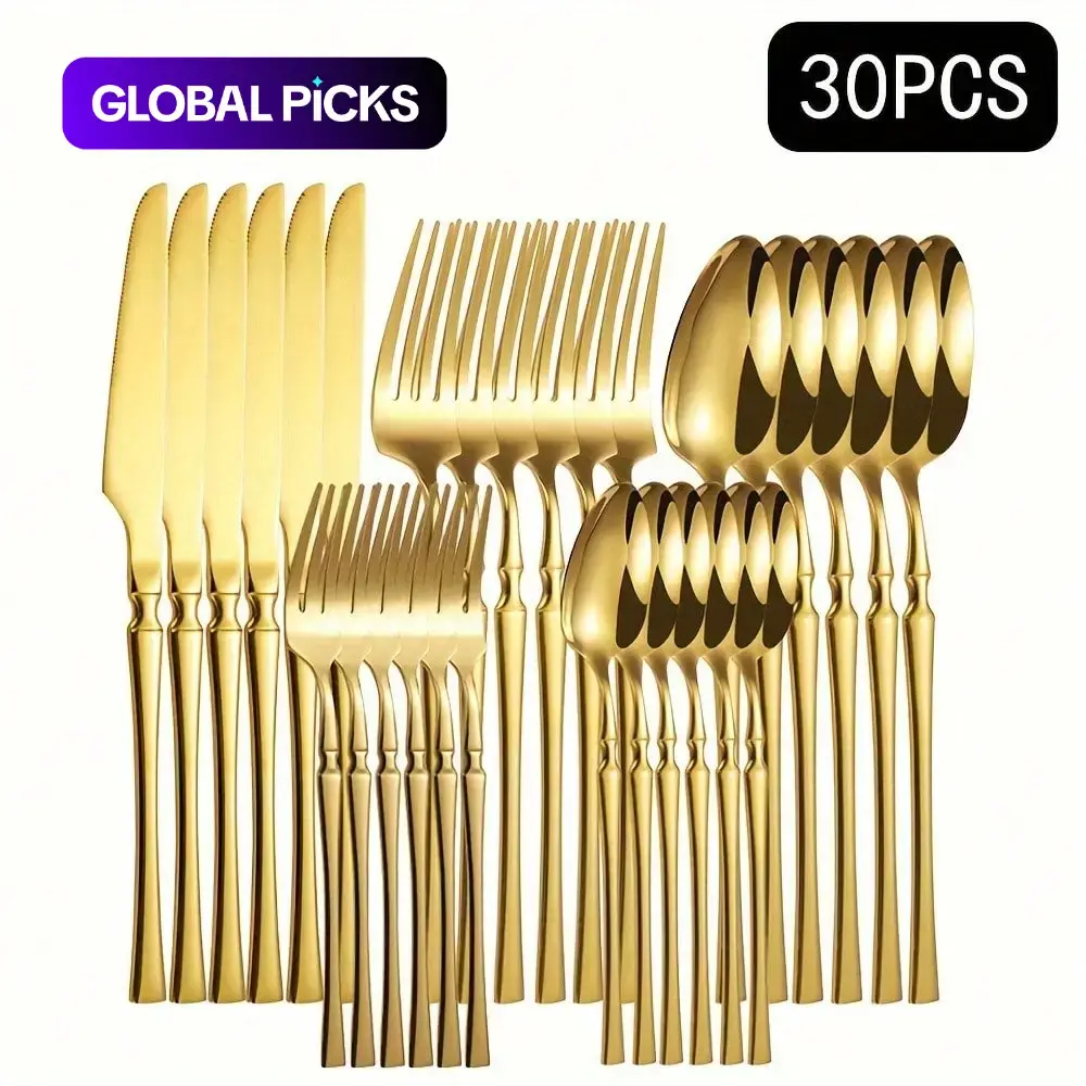 Stainless Steel Kitchen Cutlery Set, 30-Piece, Including Knives, Forks, Spoons, Dessert Spoons and Dessert Forks, Dinnerware Set for Home & Restaurant Use, Utensil Set #GLOBAL PICKS