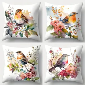 Vibrant Bird and Floral Decorative Pillow Covers, Set of 4, Hidden Zipper, Easy to Clean, Suitable for Bedroom, Living Room, Sofa, Car, Home Decoration, Home Textile