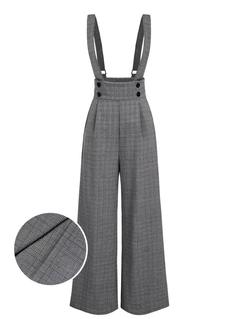 RETRO STAGE Women's 1940s Gray Glen Plaid Retro Patterned Vintage Patterned Adjustable Strappy Sleeveless Buttoned Fitted All-Seasons Casual Overalls Pants, Retro Patterned Pants, Vintage Patterned Pantssummer outfits