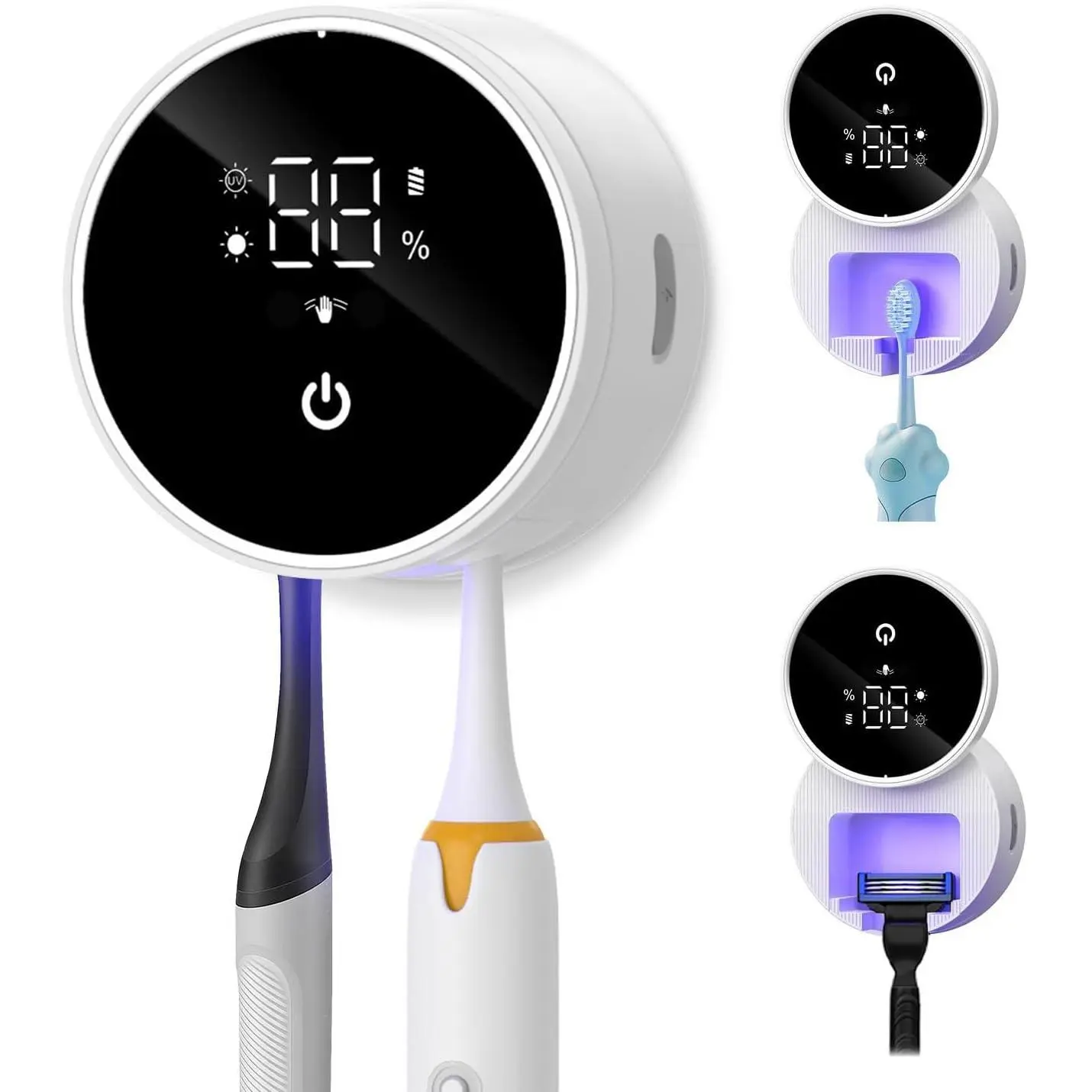 Modern Space-Saving UV Toothbrush Cleaner Stand - Wall-Mounted Bathroom Holder for Bathrooms/Home, Multifunctional Upgraded, UV Clean+Dry, 60-Degree Drying, LED Smart Screen, Automatic Sensor Cover, Fits Razors & Electric Toothbrushes, Cleaning Solution