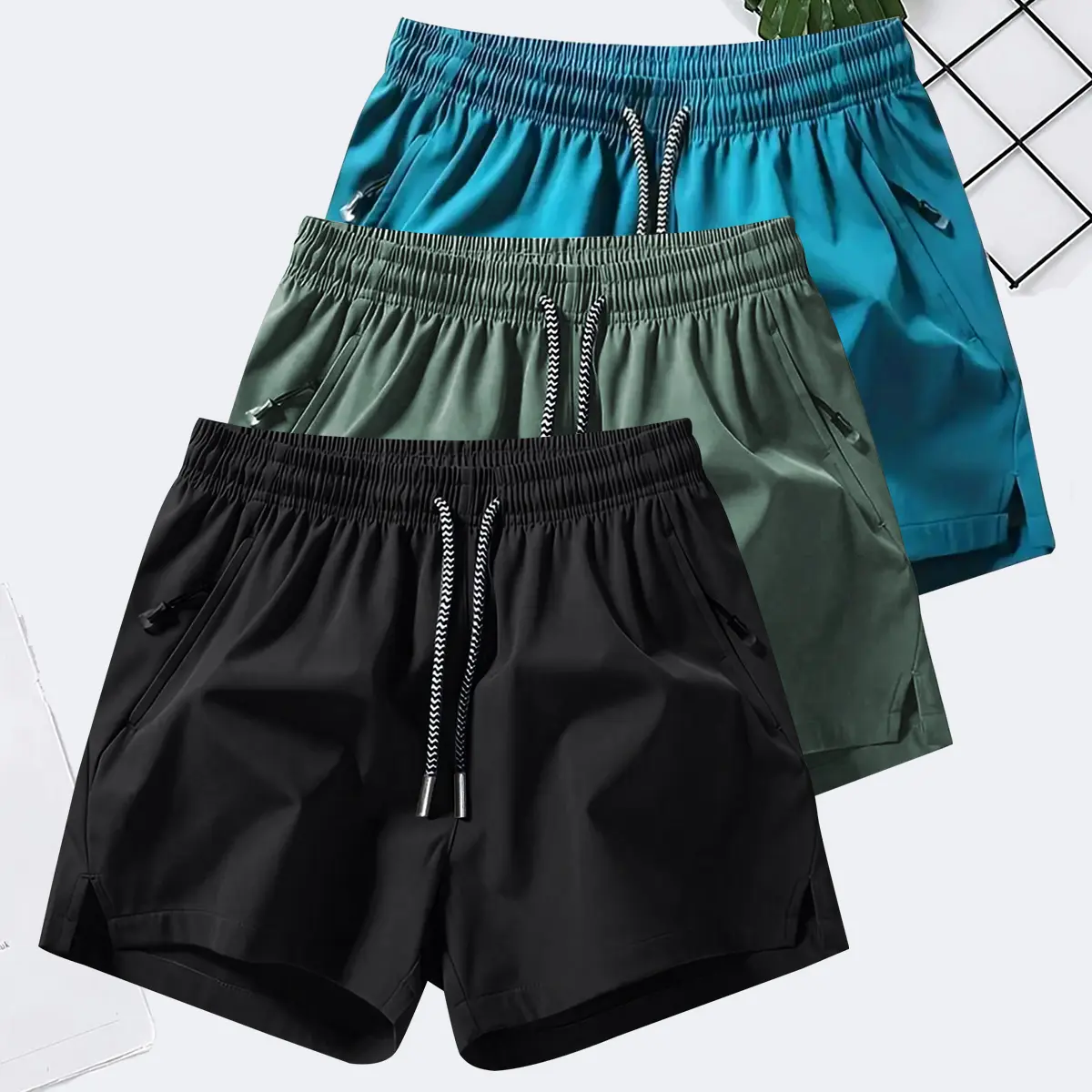 Men's Solid Color Casual Shorts Three-Piece Set, With Zipper Pockets, Summer Fashion Drawstring Sports Shorts, Suitable For Gym And Outdoor Wear