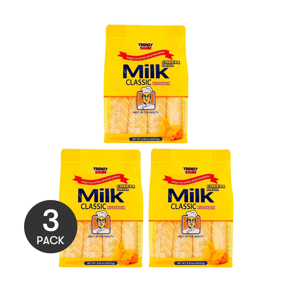 TRENZY GAHM Milk Rice Crackers - 3 Pack Cheese Flavor, 241.8g/Bag - Healthy Baked Snack, Rich Creamy Taste, Crispy & Puffy, Korean Popular Snack
