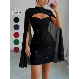 Women’s sequined slim-fit dress with a stand-up collar and cutout details, perfect for parties, nightclubs, and date nights—a fashionable and elegant choice for women. GARMENTARY