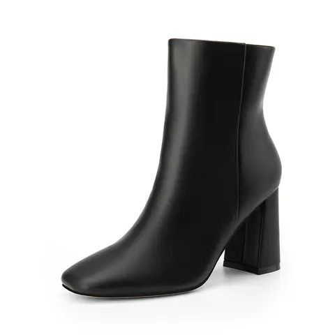Dream Pairs Women's Classic Square Toe Ankle Boots - 3.35 in Soft PU Block Heel, Elegant Synthetic Leather Footwear, Side Zipper Fast Entry, TPR Sole Slip-Resistant Casual Shoes