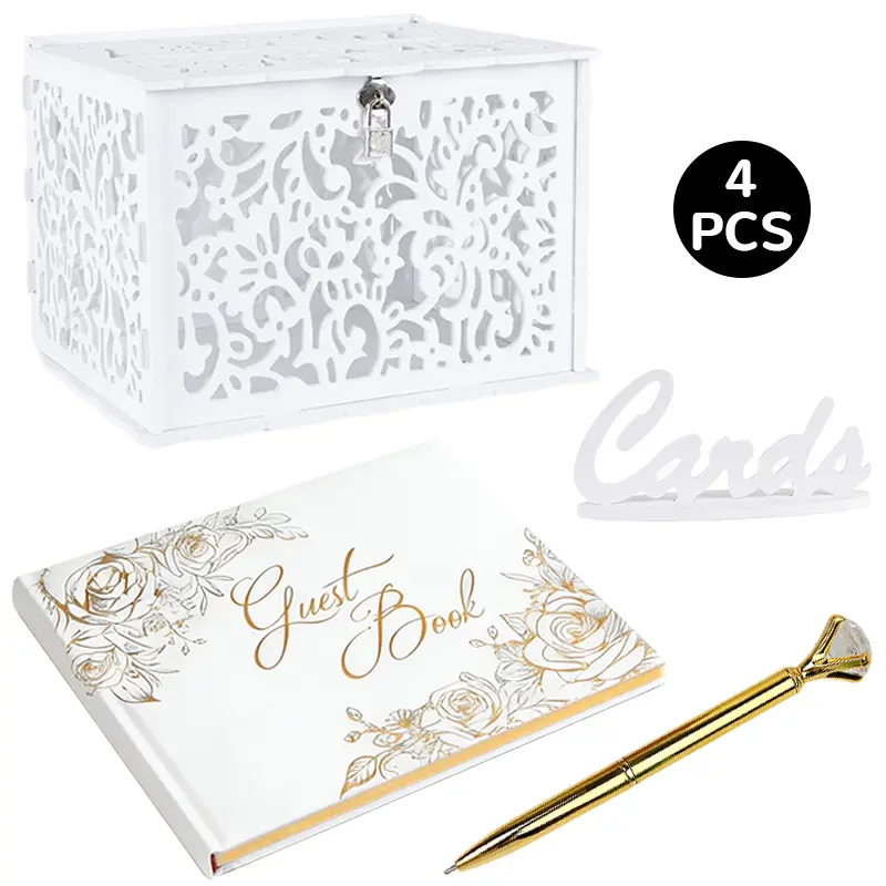 4 pcs wedding hollow card box&message board set, Decorative Wedding Commemorative Box, used for storing cards, weddings, parties, and baby showers