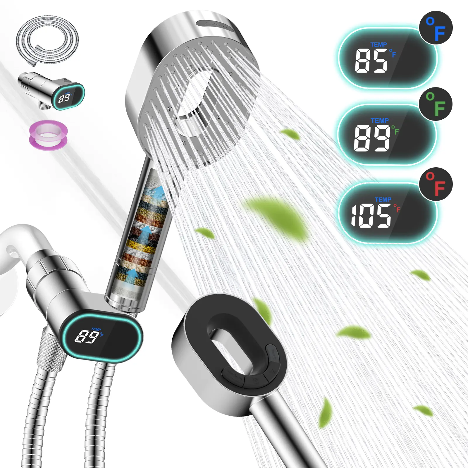 Hibbent Chrome Modern Upgraded Filtered Handheld Rain Shower Head - High-Pressure 5-Spray Handheld Shower Wand, 20-Stage Chlorine-Removal Filter, LED Display Holder, Brass Pivot Bracket, 59in Hose, for Indoor Bath Cleaning Tub