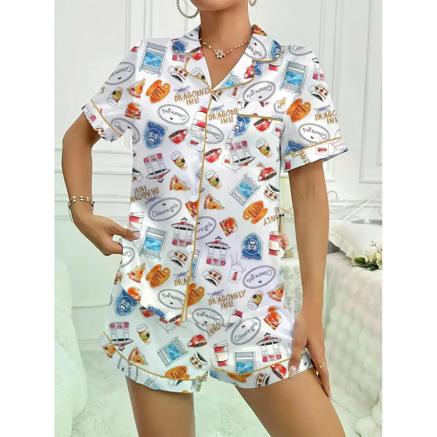 Stars Hollow Gilmore Girls Print Shirt & Shorts Pajama Set, Casual Fit Sleepwear for All Seasons, Perfect Home Gift