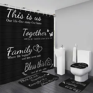 Black Minimalist Shower Curtain Set, “Our Home” Letter Print, Stylish Home Decor