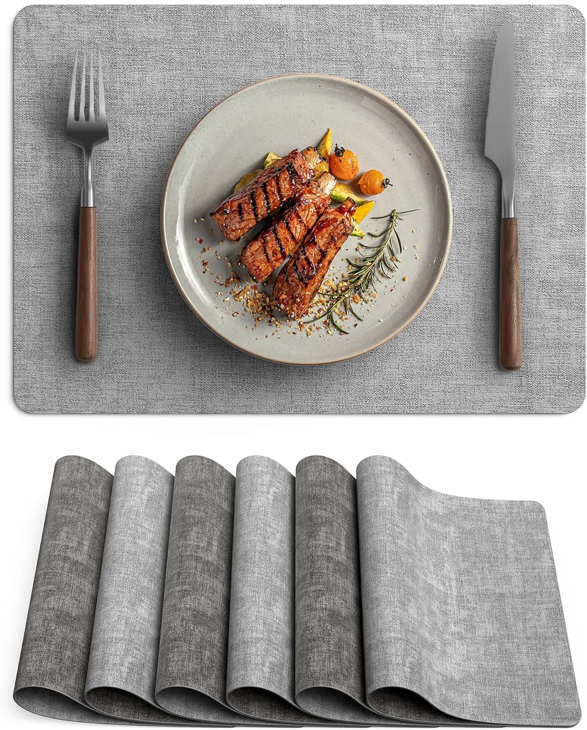 Faux Leather Vinyl Placemats Set of 6 Wipeable Heat Resistant Place Mats  Washable -  - Anti Slip Reversible Table Mats for Kitchen/Dining/Party, 12" x 16.5", Smokey Grey & Dark Grey