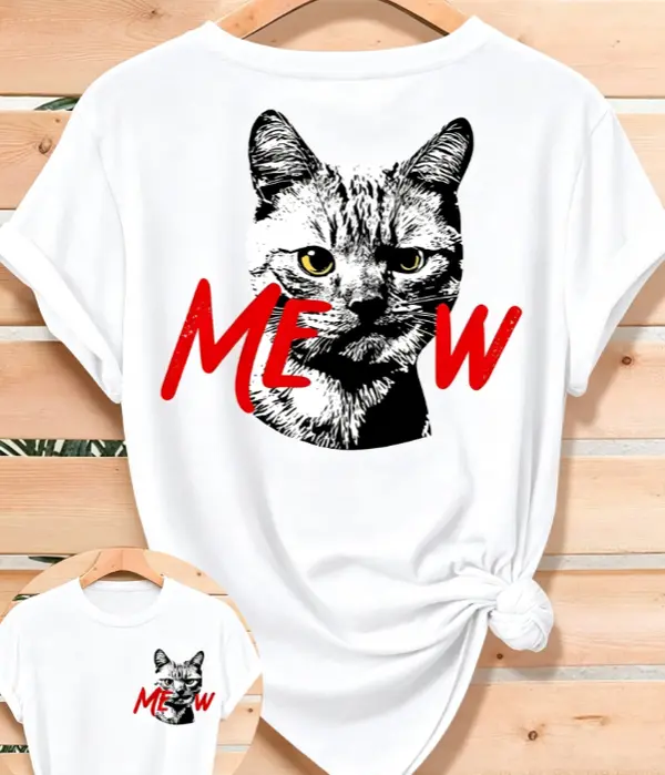 2026 New Women's Short-Sleeve T-Shirt, High-Class Cool Cat MEOW Vintage Double-Sided Print, Elegant and Versatile for Spring, Summer, and Autumn, Casual Sporty Style, Round Neck Short Sleeve
