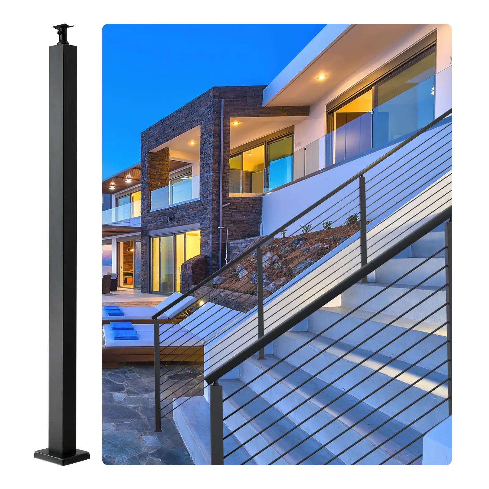 VEVOR SUS304 Stainless Steel Holeless Rail Cable Support Post, 36" H x 2" W, Durable Construction, DIY Customization, Horizontal & Curved Brackets, Modern Design, for Outdoor Exterior Commercial Home Improvement