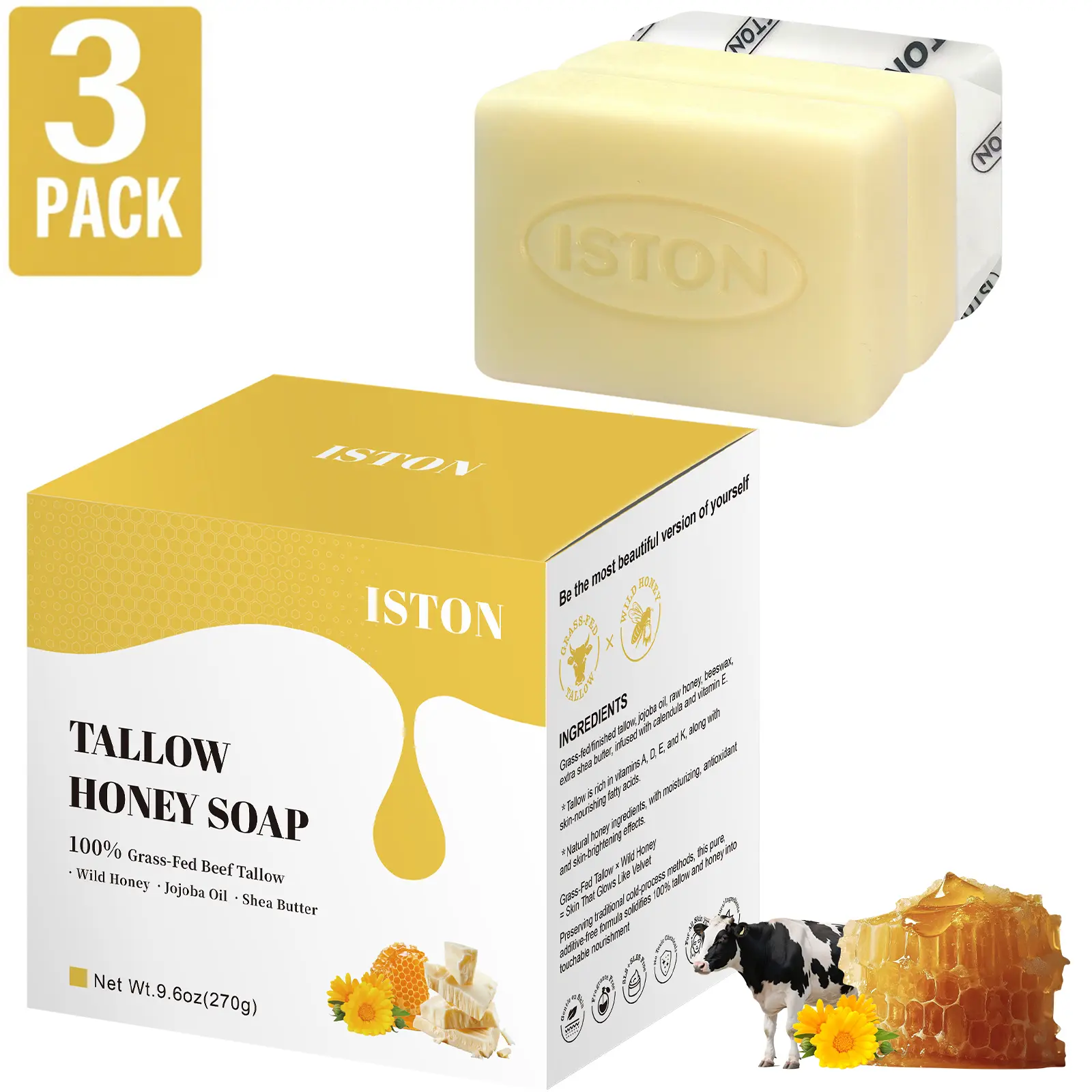 ISTON Grass-Fed Tallow & Honey Soap Bar, Handmade Gentle Body Care Cleanser for Sensitive Skin, Eczema & Baby - 3-Pack Variety, 9.6 oz