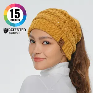 C.C Women's Sequin Ponytail Beanie – Chic & Cozy Cable Knit Hat for Women, with Adjustable High Ponytail Opening, Perfect for Fall & Winter, Thanksgiving & Christmas