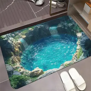 A Visual Illusion Ghost Pattern Doormat, Outdoor Rug - Non-slip, absorbent polyester carpet with vivid blue waterfall and rock design for bathrooms, bedrooms, living room entrances, camping picnics