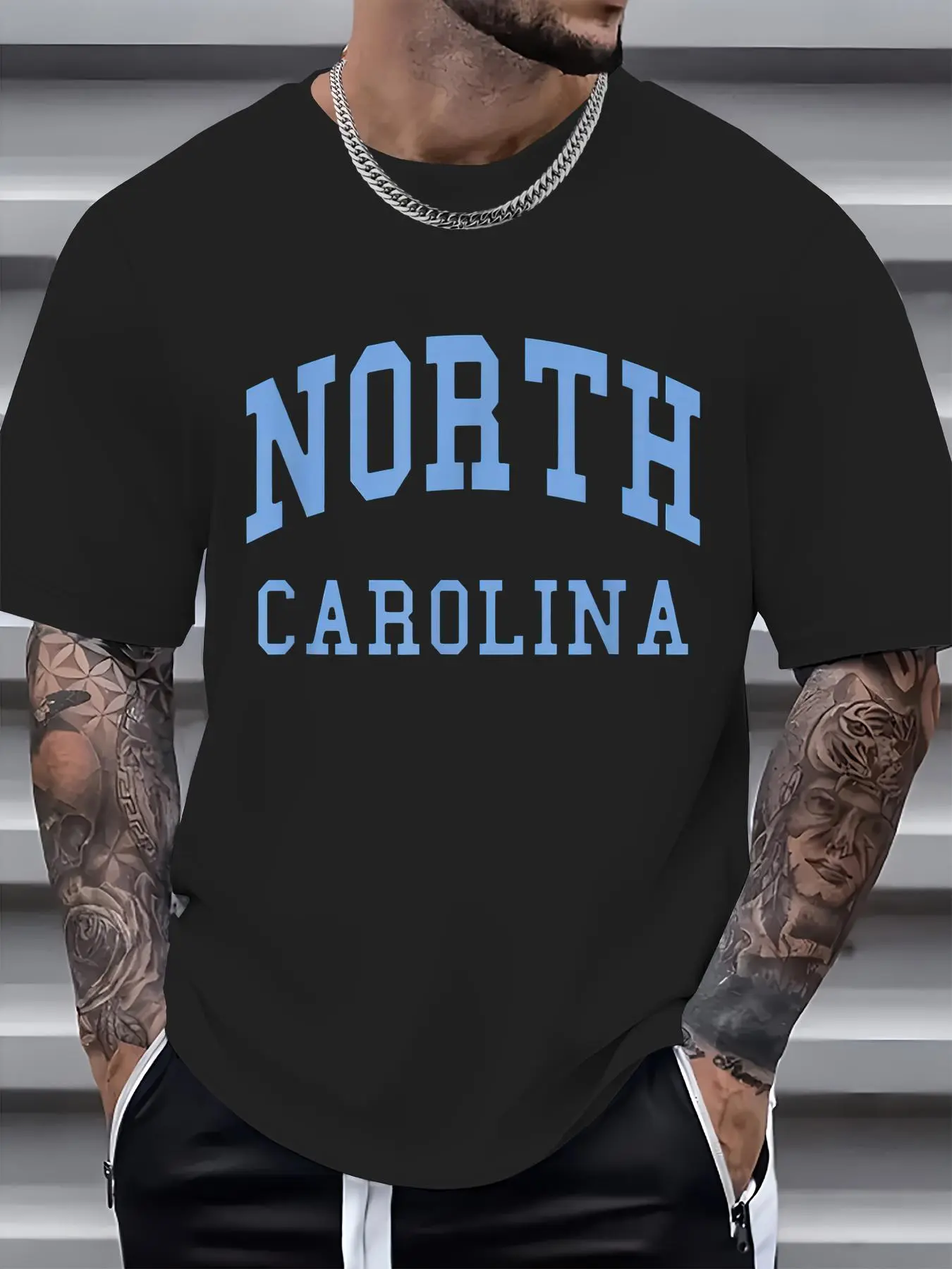 Mens 100% Cotton North Carolina Flag Graphic Tee - Menswear Round Neck Short Sleeve Casual Loose Printed T-Shirt Top, Shortsleeve, Tshirt, Graphic T Shirts, American Landmark Graphic Men's Short-Sleeve T-Shirts