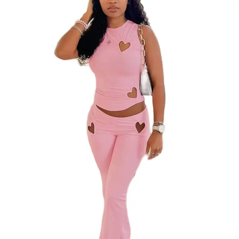 Pink Hearts Two-Piece Set - Sleeveless Crop Top & Flared Pants with Heart Design for Women