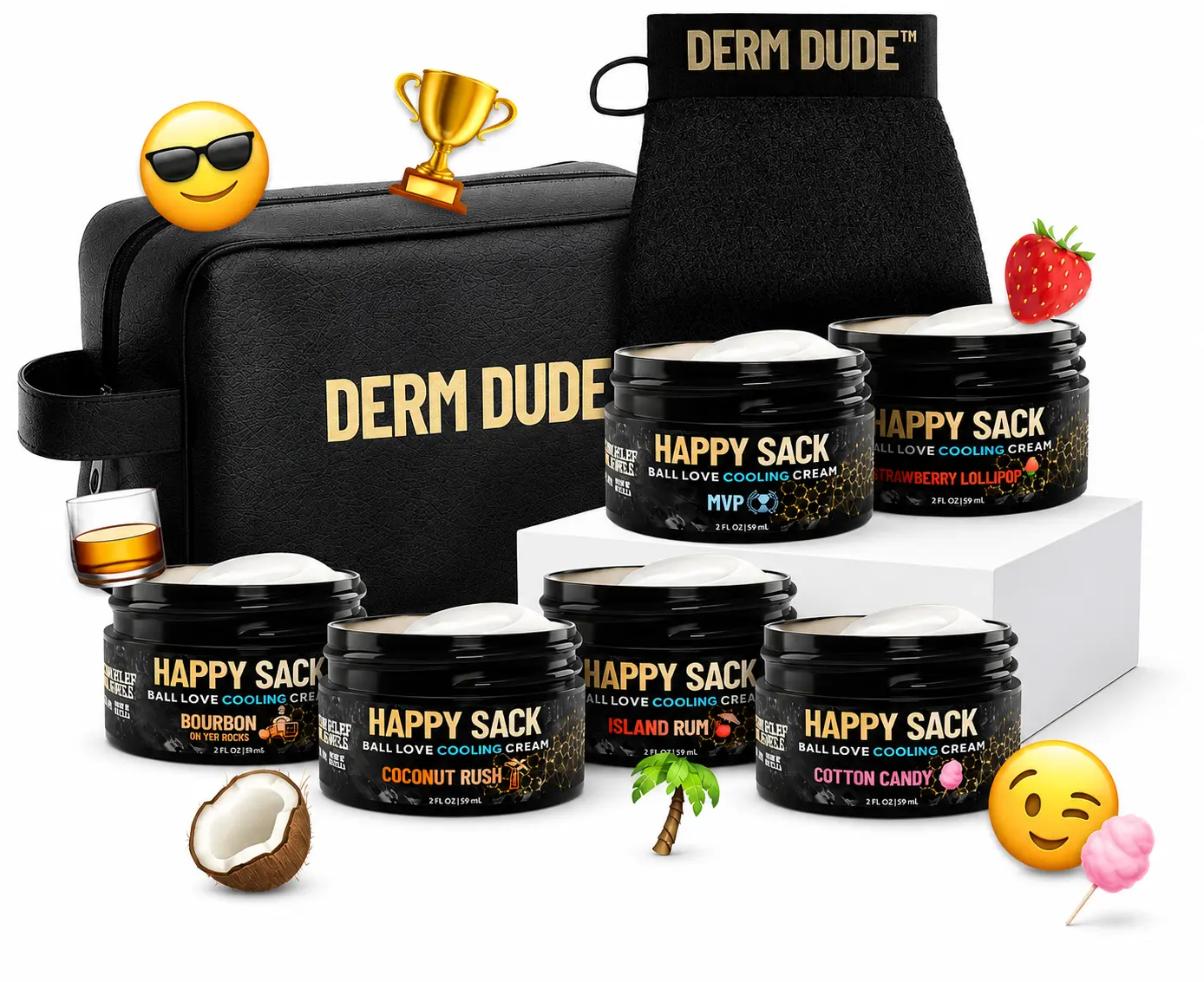 Men's Skincare 6-Pack Sack Set - Best Value Top Scents (New Cotton Candy, Strawberry Lollipop, MVP, Coconut Rush, Island Rum, Bourbon) + Free Leather Travel Bag + Free Sack Scrubber- Clinically Proven Odor Elimination with DeoPlex