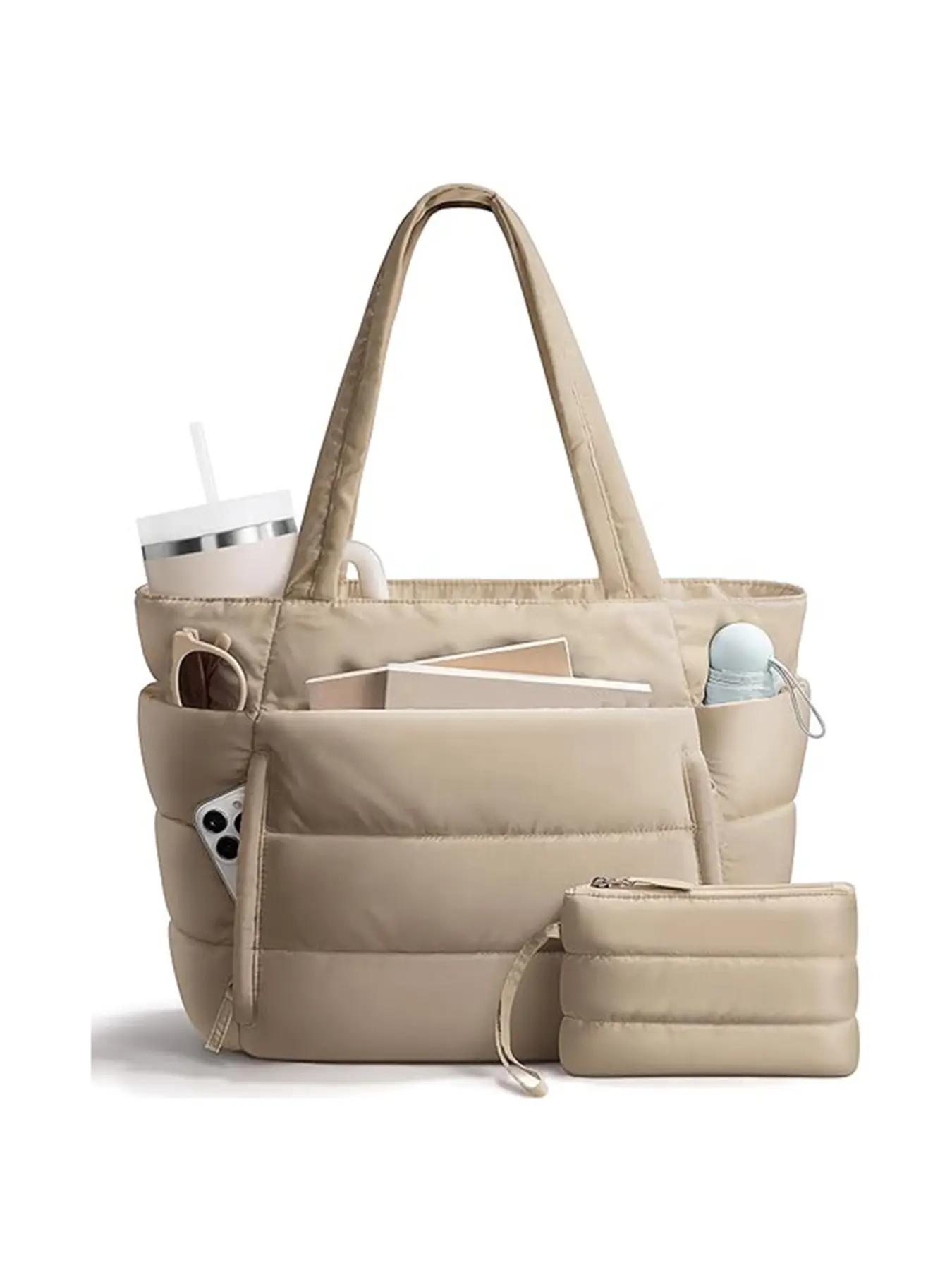 Fluffy texture one-shoulder tote bag, lightweight practical shoulder bag, minimalist multi-layer pocket design, quilted puffer bag, Casual commuter bag, Daily commuting bags, suitable for students, office workers