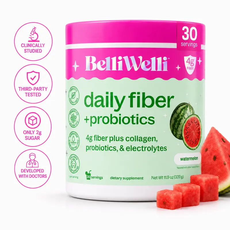 BelliWelli 4-in-1 Gut Health & GLP Support - Fiber, Collagen, Electrolytes, Probiotics - Watermelon - 30 day