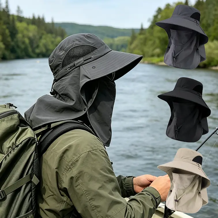 UPF 50+ UV Protection Fishing Hat with Detachable Face Mask and Neck Flap Wide Brim Sun Hat for Men Women Waterproof Breathable Outdoor Hiking Camping Gardening Safari Cap Lightweight Foldable Sunshade Gear Adventure Ready Equipment Must Haves Pack
