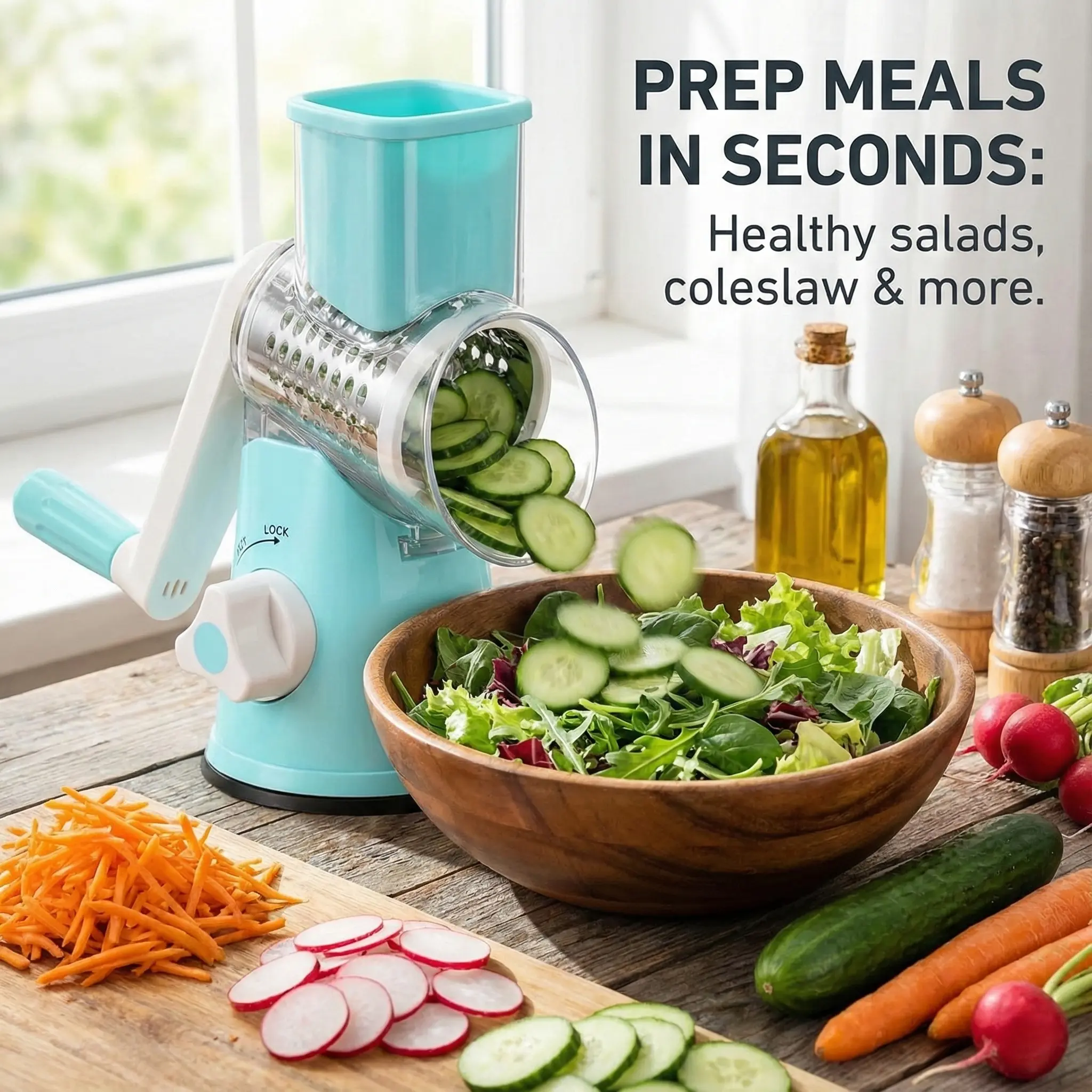 MIUVA Smooth Kitchen Rotary Cheese Grater with Strong Suction Base - High-Speed Hand Crank Utensil, 3 Replaceable Stainless Steel Blades, Vegetable Slicer, Potato Ricer, Nut Grater, Modern Home Gadget (Blue) - TikTokShopBlackFriday Edition