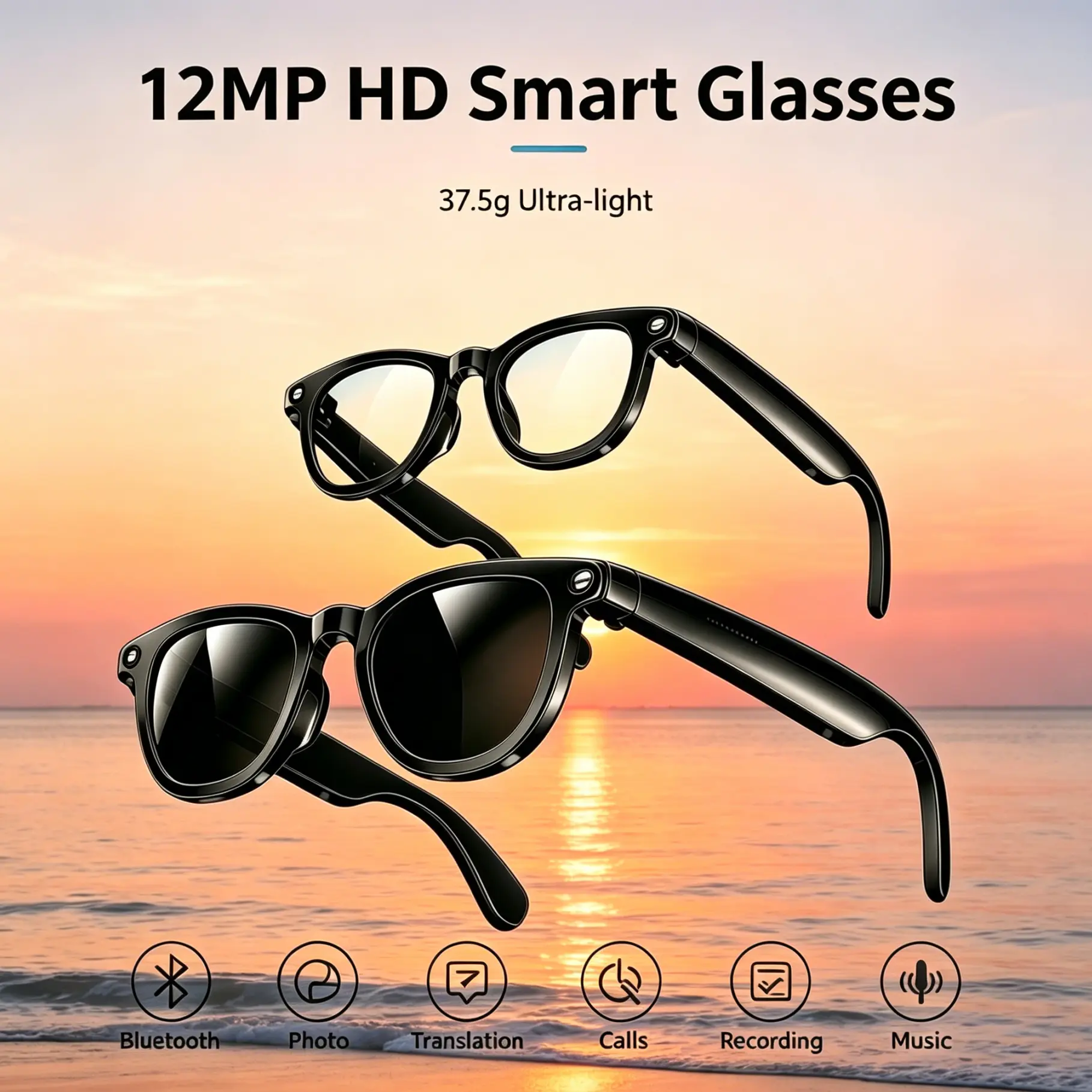 Smart Glasses with 12MP HD Camera, AI Translation, Video Recording, Calling, and Photography