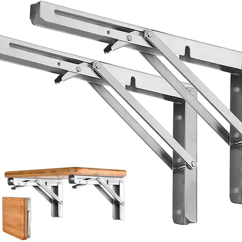 2PCS Folding Shelf Brackets - Heavy Duty Stainless Steel Collapsible Shelf Bracket for Bench Table, Space Saving DIY Bracket Adjustable Hooks Self Drilling Screws Decor Room