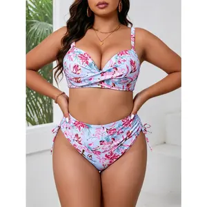 2026 Women's Plus Size Floral Print Bikini Swimsuit, Strapless Backless Drawstring Top with High Waist Tummy Control Bottom, Sexy Two-Piece Swimwear for Beach & Water Sports,Summer Vibes