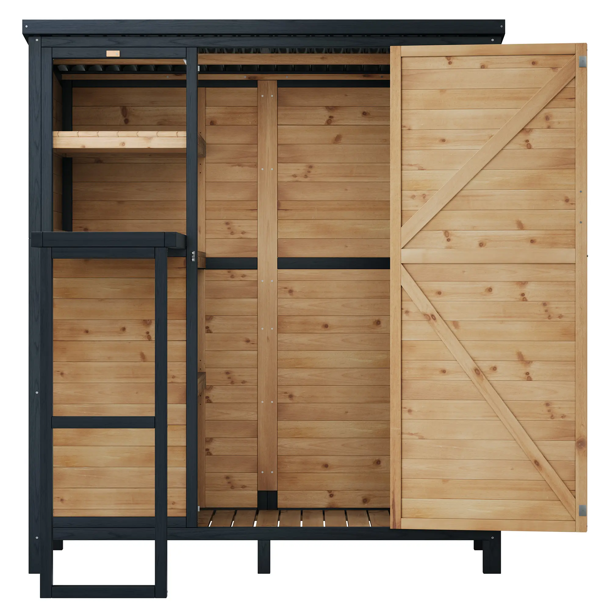 AMERLIFE Solid Fir Wood Outdoor Storage Shed, Garden Tool Shed with Foldable Workbench, Adjustable Shelves, Sloping Roof, Weatherproof Utility Cabinet for Backyard, Patio, Lawn, Poolside