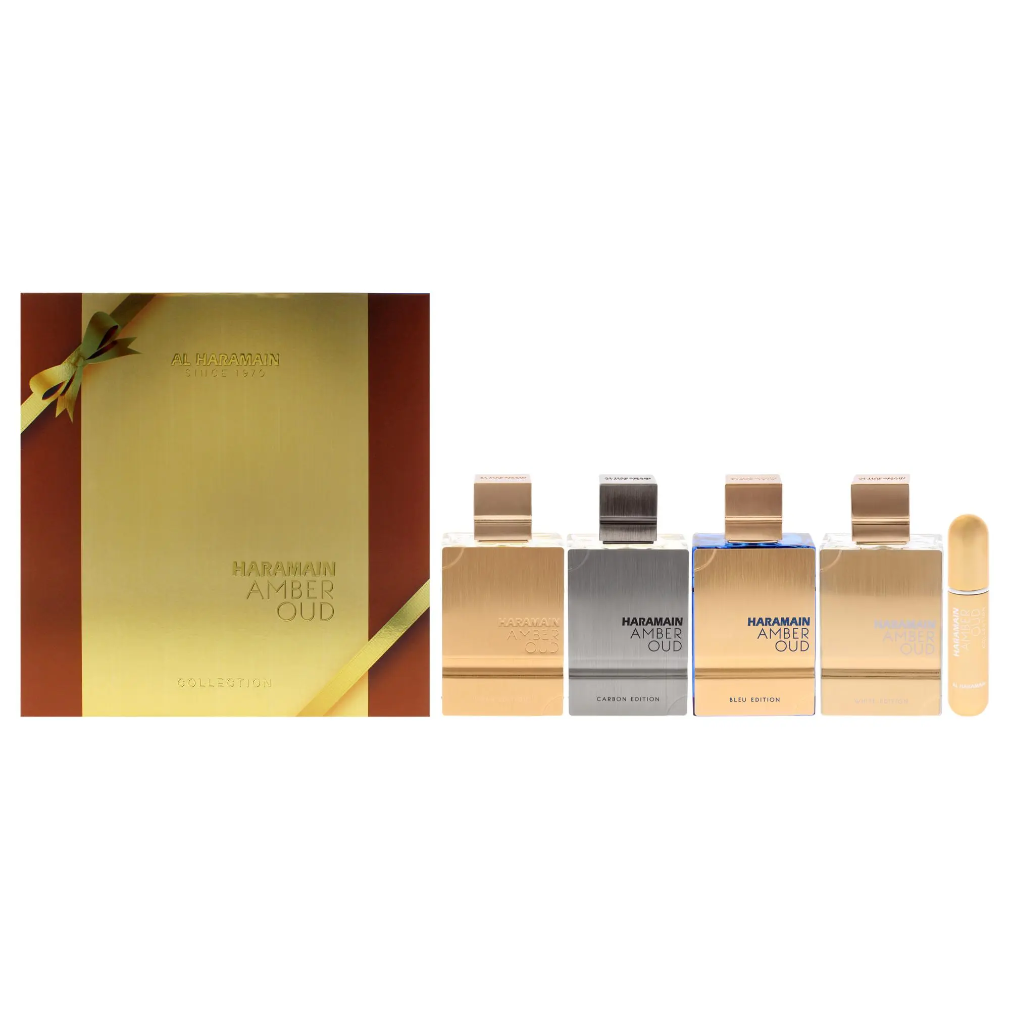 Al Haramain Amber Oud Collection Unisex Fragrance 4-Pc Gift Box Set - 4 x 2 oz EDP Sprays (Gold, Bleu, White, Carbon) Box-Packed Bottle Set, 2 oz Bottles Gift Pack, Gift Box Set Unisex Fragrance