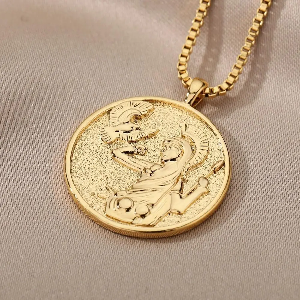 Athena Artemis Hecate 18K Gold Plated Necklace,Greek Mythology Necklace,Gold Medallion Queen Necklace For Women