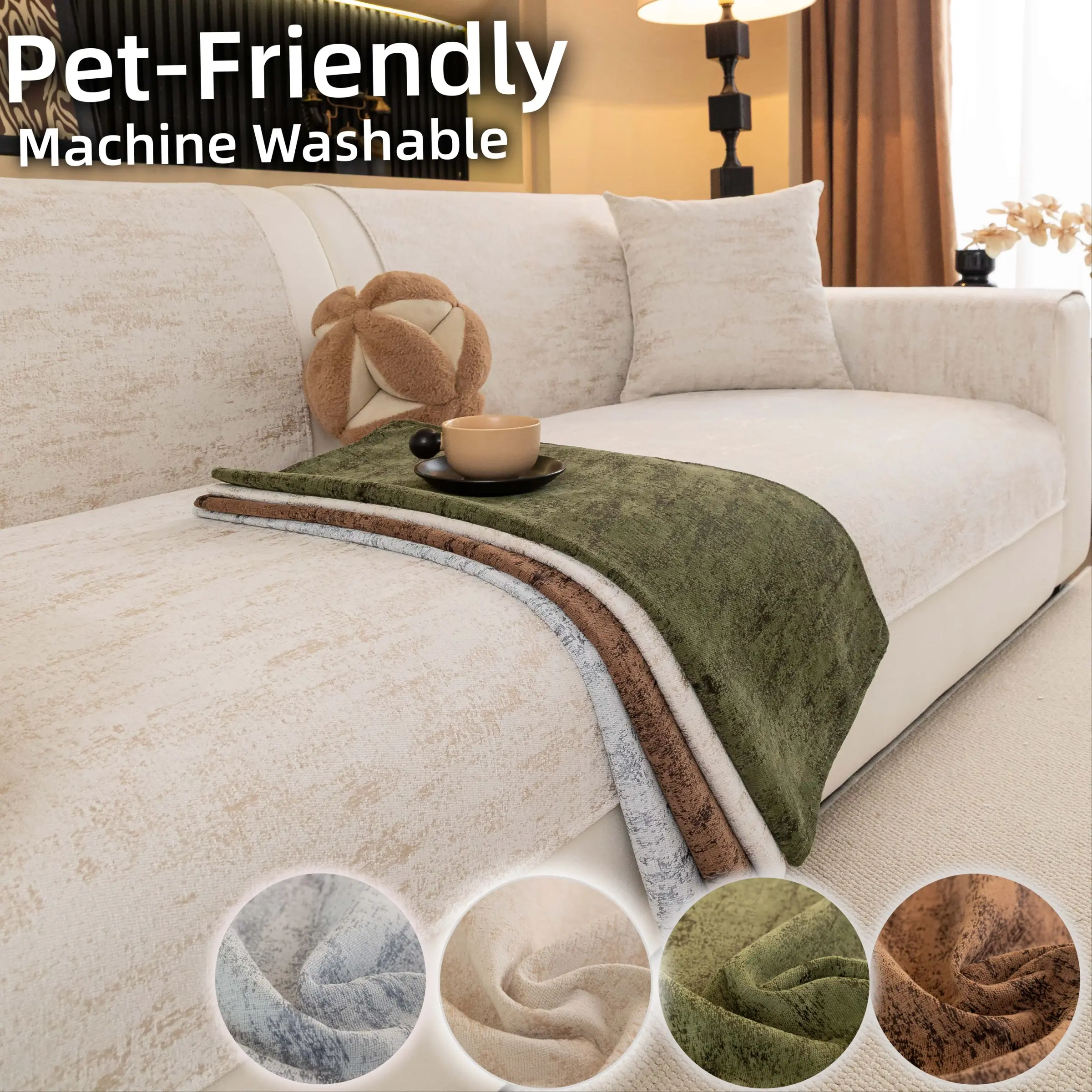 Modern Solid Colour Textured Sofa cover, 1 Pc Soft Anti-Slip Couch Cover, Pet-Friendly Furniture Protector, Machine Washable Decorative couch cover, Dustproof Sofa Cover, Washable Couch Covers, for Living Room Decor, Washable Sofa Slipcover