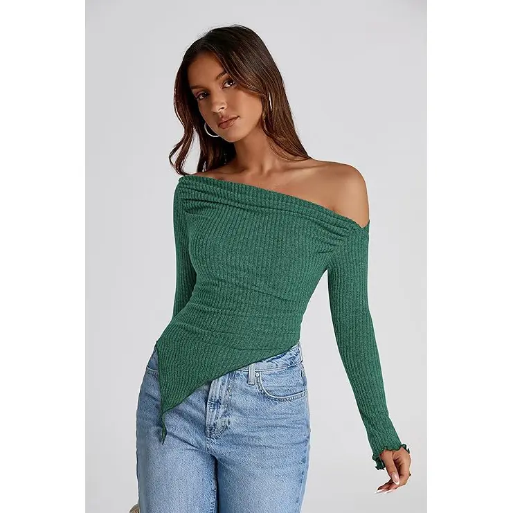 PrettyGarden Women's Long Sleeve Y2K Crop Top Trendy Off Shoulder Asymmetrical Fitted Knit Tee Shirts Going Out Ribbed Tops Womenswear Knitwear Basic Minimalist Minimalist