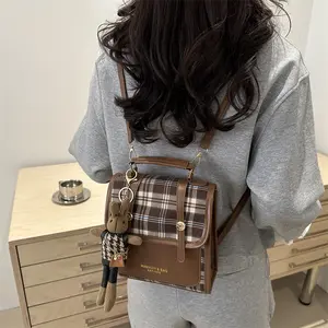 Vintage Style Leather Backpack Simple & Stylish Travel Bag for Adults with Accessories Perfect for Young Men and Women Plaid Design and Classic Zipper(with accessories)