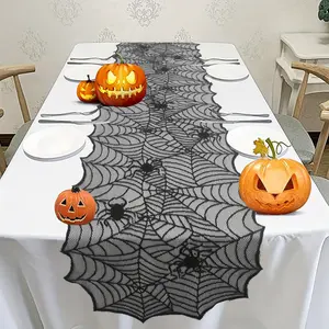 1pc, Table Runner, Black Lace Spider Web Table Runner, Polyester American Halloween Party Gift Home Dining Decor, Ghost Festival, Festive Tabletop Accessory
