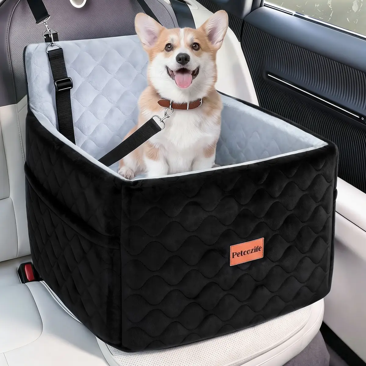 Dog Car Seat for Small-Medium Dogs Under 35 lbs - Breathable Fabric Travel Bed, Thick Cushion, Removable Machine-Washable Design, 2 Adjustable Straps Steady Your Pup, Quick Setup, Secure Fit, Sidepocket Storage, Anxiety Reduction, Black Brown, Adjustable