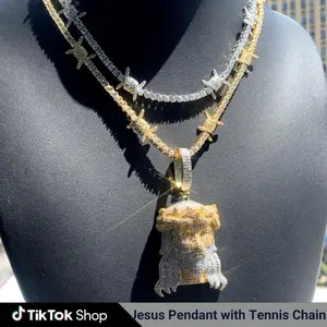 [Jewelry Set] Jesus Pendant with Tennis Chain Iced Out Zirconia Necklace Hip Hop Decor for Unisex Daily Wear Gift Accessory