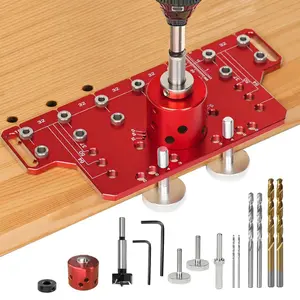 2 in 1 Shelf Pin Hinge Jig,Concealed Hinge Jig Drilling Jig with 35mm Hole Drill Bits,Self Contained Clamping All Metal Cabinet Hardware Tool Drill for Cabinet Door Hinge Hole Positioning (Red-Short)