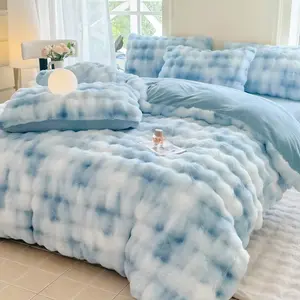 3-Piece Gradient Color High-Weight Thickened Warm Bedding Set, Soft Faux Rabbit Fur Plush Bedding, Includes One Duvet Cover & Two Pillowcases