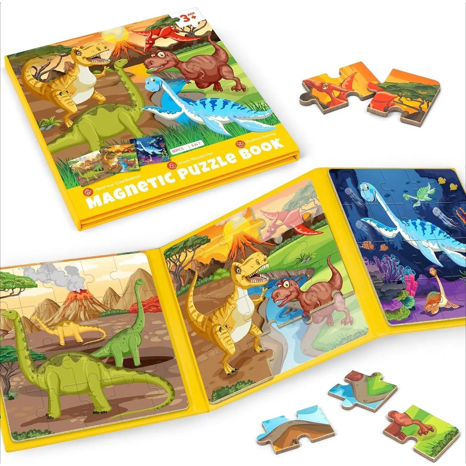 L-ITC025 Bright Magnetic Dinosaur Animal Jigsaw Puzzles - 20-Piece Sturdy, Thick, Odorless Kids Puzzles, Unisex Easter/Children's Day Travel Activity Toys Gifts for Toddlers Ages 2-5 (Car/Airplane Road Trips)