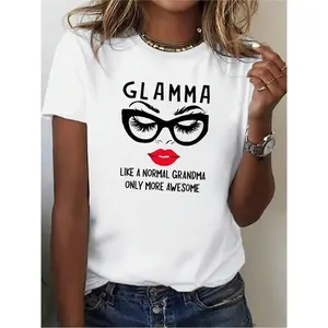 Glasses Lip GLAMMA GO LIONS Letter Print Pattern T-Shirt, Crew Neck Short Sleeve T-Shirt, Women 'S Clothing summer clothes