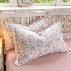 Crinkled Gauze Printed Pillowcases | Skin-Friendly & Breathable, Hollow Lace Design, Aesthetic Bedding for Bedroom Vibe, Standard Size✨, Soft Comfy Bedding